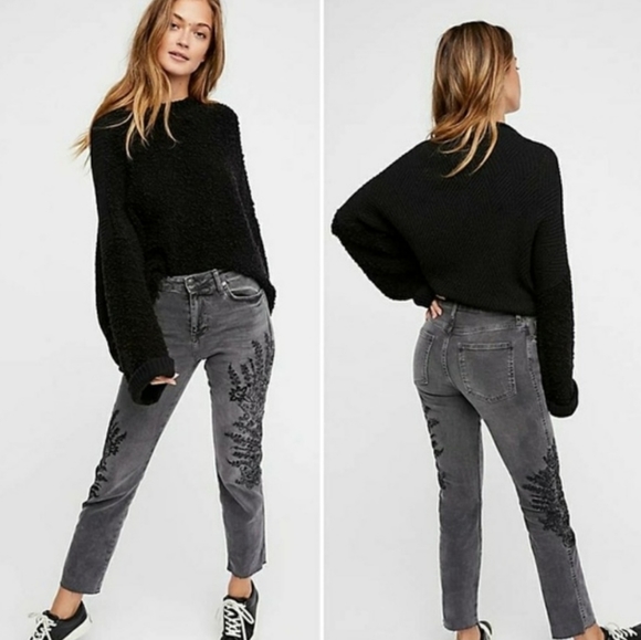 Free People Grey Embroidered Girlfriend Jeans - Picture 1 of 11